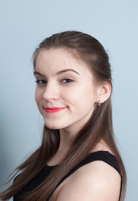 Sylphlike russian dark hair teen Evelina Darling revealing big boobs and spreading her legs 