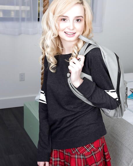 Slim blond teen Lexi Lore in uniform unveiling tiny tits and vagina 