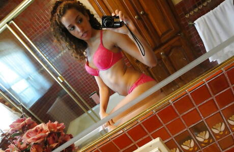 Rangy latina youthful Chloe Star in sexy undies revealing tiny tits and hot ass in the bathroom