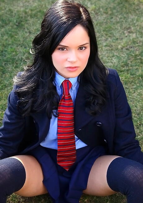 Hot american teen Jenna Ross in uniform shows small tits and spreads her legs outside